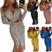 Sexy Golid Silver Glitter Dresses For Women Deep V Neck Sequin Midi Bodycon Dress Winter Long Sleeve Dinner Party Dress