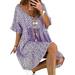 Winnereco Floral Printed Summer Holiday Short Sleeve Women Loose Dresses (Purple 3XL)