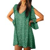 Women's V Neck Boho Sun Dress Polka Dot Cold Shoulder Slit Long Sleeve Dress Loose Swing Shift Mini Dress