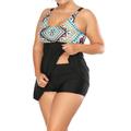 Women Two-Piece Swimsuit Swimdress+Shorts Braces Print Push-up Padded Swimwear Swimming Bathing Suit Beachwear Monokini Swimming Costume Slimming Skirt Cover Up Black S-XXL