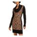 BCX Womens Black Animal Print Long Sleeve Cowl Neck Short Shift Dress Size XXS