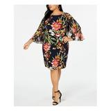 CONNECTED APPAREL Womens Navy Floral Bell Sleeve Jewel Neck Below The Knee Sheath Wear To Work Dress Size 14W