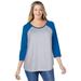 Plus Size Women's Three-Quarter Sleeve Baseball Tee by Woman Within in Heather Grey Bright Cobalt (Size 5X) Shirt