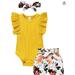 Baby Girls Summer Cotton Clothes Ruffles Sleeves Bodysuits+Floral Shorts+Headband Ribbed Knitted Casual Outfits