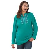 Plus Size Women's Embroidered Thermal Henley Tee by Woman Within in Waterfall Vine Embroidery (Size 5X) Long Underwear Top