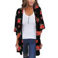 Sexy Dance Plus Size Womenâ€˜s Chiffon Cardigan Beach Bikini Cover Ups Open Front T-Shirt Summer Sunblock Round Neck 3/4 Sleeve Floral Print Kimono Mid-Length Blouse Wraps Womens Plus T-Shirts Tops