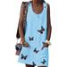 Women Summer Loose Butterfly Printed Tunic Dress Beach Holiday Short Dresses Ladies Pockets Tank Dress Light Blue XXL