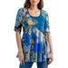 24seven Comfort Apparel Blue Paisley Elbow Sleeve Flared Tunic Top