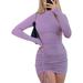 WomenÂ´s Sexy Bodycon Mini Dress, Long Sleeve Mock Neck Solid Color Drawstring Ruched Club Dress