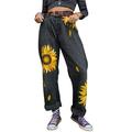 Women High Waist Denim Pants Trousers With Pockets Casual Sunflower Printed Jeans for Ladies Distressed Vintage Jeans