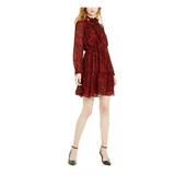 MICHAEL KORS Womens Red Printed Long Sleeve Turtle Neck Mini Blouson Party Dress Size PL