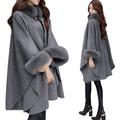 Winnereco Solid Color Loose Cape Faux Fur Collar Overcoat Women Woolen Cloak (Grey S)