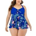 UKAP Plus Size Women's Print Swimsuit Halter Swimdress Swimwear Two Piece Beachwear Tummy Control Bathing Suit Padded Up Tankini Set Swimming Costume