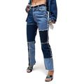 Womens Color Block Distressed Jeans Fashion High Waist Straight Denim Pants Ripped Trousers
