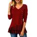 Women Casual Plaid V-Neck T-Shirt Color Stitching Button Decor Pullover Blouses