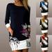 Besufy Women O Neck Long Sleeve Color Block Feather Print Pockets Loose Mini Dress