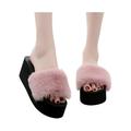 Wazshop Women Casual Fluffy Fur Sliders Slippers Flip Flop Flat Sandals Mule Wedge Shoes