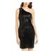 TEEZE ME Womens Black Sequined Sleeveless Asymmetrical Neckline Short Sheath Cocktail Dress Size 3\4