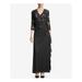 BETSY & ADAM Womens Black Ruffled Lace Gown 3/4 Sleeve V Neck Full-Length Evening Dress Size 4