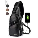 GustaveDesign Sling Bag Men Chest Shoulder Backpack waterproof Leather Crossbody Bag with USB Charging Outdoor Hiking Travel "Black"