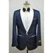 Navy Blue And White Two Toned Paisley Floral Blazer Tuxedo Dinner Jacket Fashion Sport Coat + Matching Bow Tie