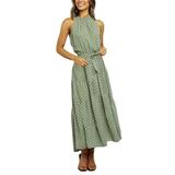 UKAP Women's Polka Dot Printed Ruffle Hem Swing Dresses Mock Neck Halter Dress Party Lace Up Empire Waist Dress Green XL(US 12-14)