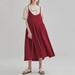 Women Vintage Loose Cotton Dress Spaghetti Straps High Waist Solid Casual Midi Dress