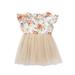 New Summer 12M-5Y Baby Girl Rose Floral Print Pink/Beige Mesh Dress Flared Short Sleeve Toddler Kid Children Clothes Outfit