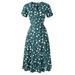 Sexy Dance Women Summer Boho Sundress Floral Printed Short Sleeve Wrap Dress Beach Tie Wasit Flare Dress Green S(US 4-6)