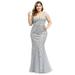 Ever-Pretty Women's Lace Embroidered Bodycon Plus Size Wedding Party Maxi Dress 78862 Sliver US22