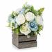 Primrue 18 Heads Mixed Rose Flower Arrangement w/ Wood Planter Polyester in Blue | 9 H x 8 W x 8 D in | Wayfair 01BB7603453E4A11B13101DD743BE73E