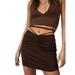 Women's Drawstring Ruched A-line Mini Short Skirt High Waist Wrap Tie Front Bodycon Ribbed Skirt