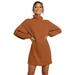 Women Brown Turtleneck Balloon Sleeve Sweater Dress