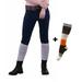 Equine Couture Women's Sportif Natasha Knee Patch Breeches with CS2 Bottom and FREE 2 Pairs of Riding Socks Women Horse Riding Breeches- Navy/White Stitching, 24