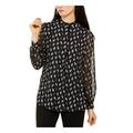 ANNE KLEIN Womens Black Sheer Printed Long Sleeve Mandarin Collar Blouse Top Size L