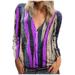 Womens V-neck Zipper Colour Stripe Printing Long Sleeves Graphic T Shirts