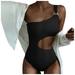 Roliyen Bikini Solid Color One-Piece Swimsuit Female Sense Waistless One Shoulder Two-co