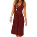 Sexy Dance Womens Square Neckline Sleeveless Mini Dress Solid Color Summer Pleated Dress Tunic Long Top Wine Red XXL