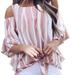 Women's Round Neck Off-Shoulder Blouses Three-Quarter Sleeve Striped Shirts Tops