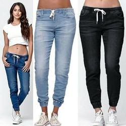 Plu Size Womens Elastic Waist Pencil Stretch Denim Skinny Drawstring Jeans Pants Trousers