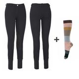 TuffRider Women Starter Lowrise Pull On Breeches with FREE Boot Socks Knee Patch Horse Riding Pants Equestrian Apparel - Black - 24