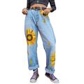 Women High Waist Denim Pants Trousers With Pockets Casual Sunflower Printed Jeans for Ladies Distressed Vintage Jeans