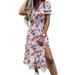 Niuer Women V Neck Vintage Floral Print Maxi Dress Summer Side Slit Elastic Waist Ruffle Flowy A-Line Midi Dress Boho Club Party Sundress