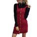 Women Corduroy A Line Dress, Cute Solid Color Bib Overall Button Decor Mini Dress