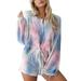 Women Hip Hop Tie Dye Tracksuit Lounge Wear Suit Gradient T-shirt Top+Shorts Set Ladies Drawstring Shorts and Long Sleeve Pullover Blouse Tops Co Ord Set Jogger PJ Sets