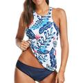 Women Two Piece Plus Size Sexy Backless High Neck Halter Floral Printed Top with Hipster Bottoms Tankini Set