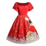 Women Casual Short Sleeve Christmas Santa Claus Print A Line Dress