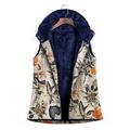 Alloet Vintage Women Hooded Fleece Vest Warm Print Single Breasted Coat