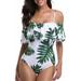 Women's One Piece Swimsuit Vintage Off Shoulder Ruffled Bathing Suits White XL