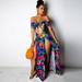 Women Boho Long Dress Off Shoulder Floral Leaves Print High Split Cutout Summer Beach Holiday Maxi Dress